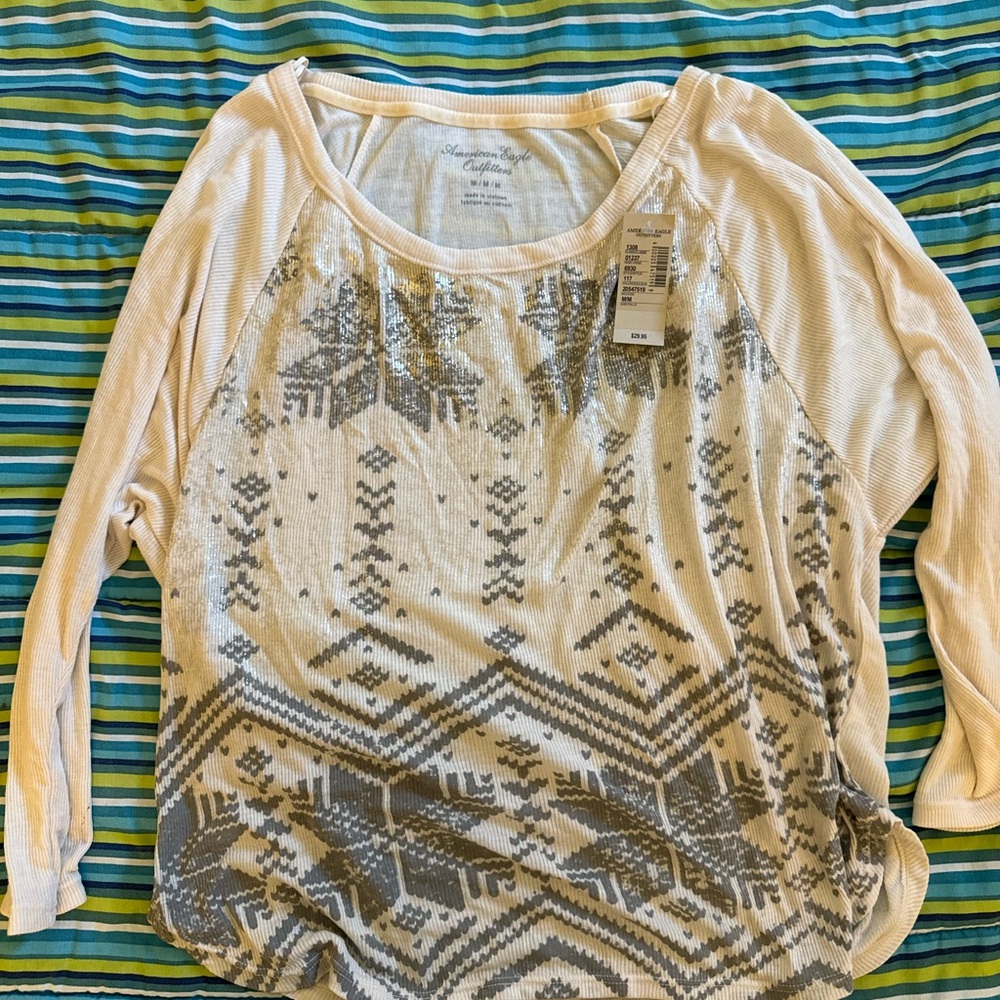 American Eagle Outfitters Cream and Gray Long Sleeve Top